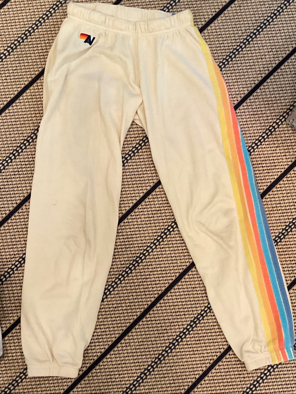 Aviator Nation Cream Sweatpants with Rainbow Side Stripes